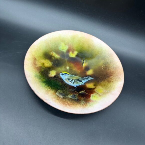 Vintage Enamel On Copper Plate Golden Crowned Kinglet Bird Brumm Signed 8.75” - Picture 1 of 10